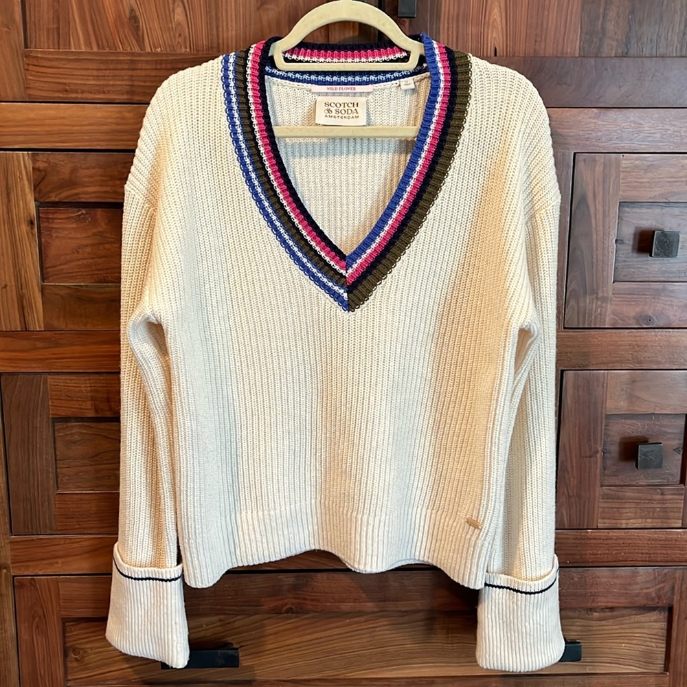 Scotch & Soda Cream V-Neck Sweater with Pink, Blue & Brown Trim